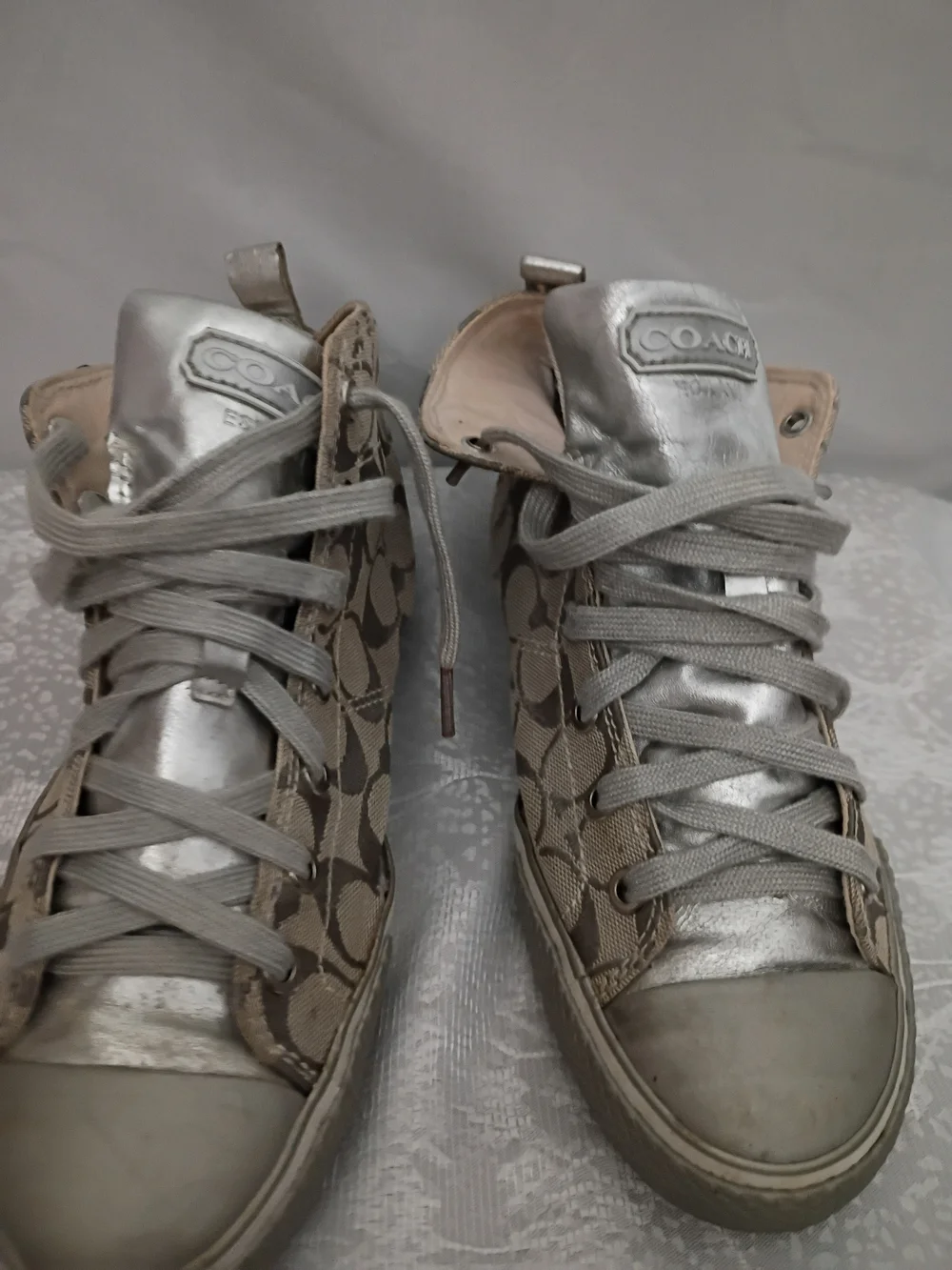 Coach Metallic Silver Monogram High-Top Sneakers